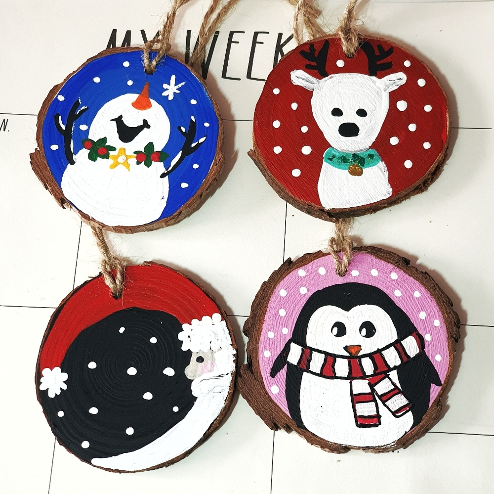 Set of 4 Hand Painted Wood Slices Xmas Ornaments